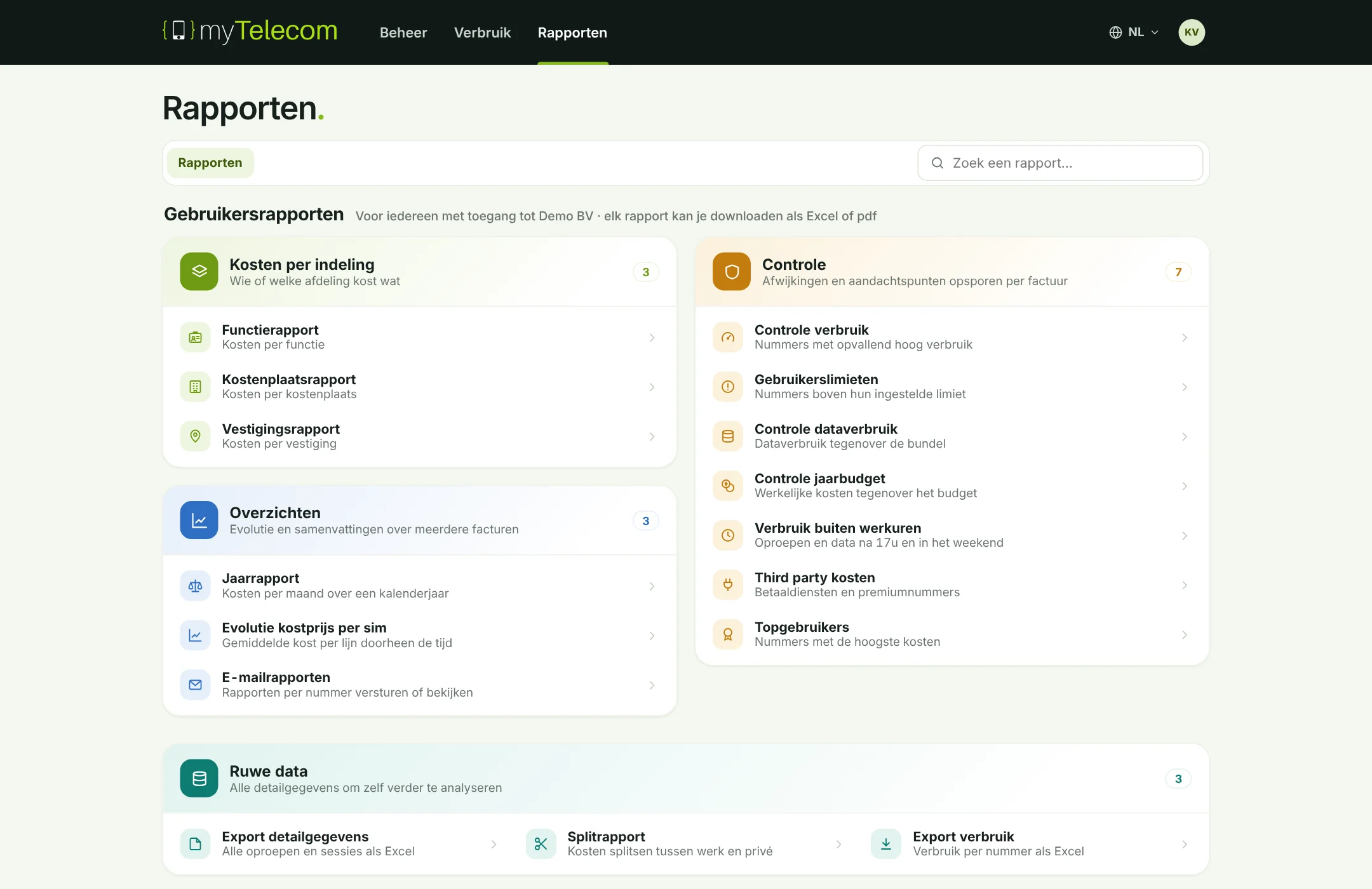 myTelecom Rapporten: kosten per indeling, controle, overzichten en ruwe data